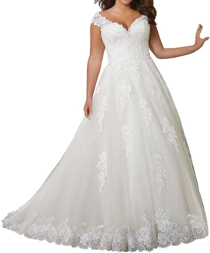 Damen Brautkleider Hochzeitskleider Große Größen V-Ausschnitt Spitze Ballkleid Brautkleid A-Linie