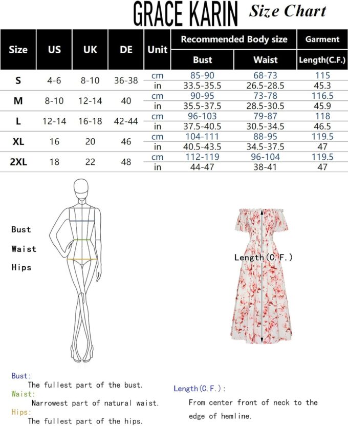 GRACE KARIN Damen Kleider Schulterfreies Blumen Hochzeitskleid mit Taschen Elegant Sommerkleid Damen Leicht und Luftig – Bild 5