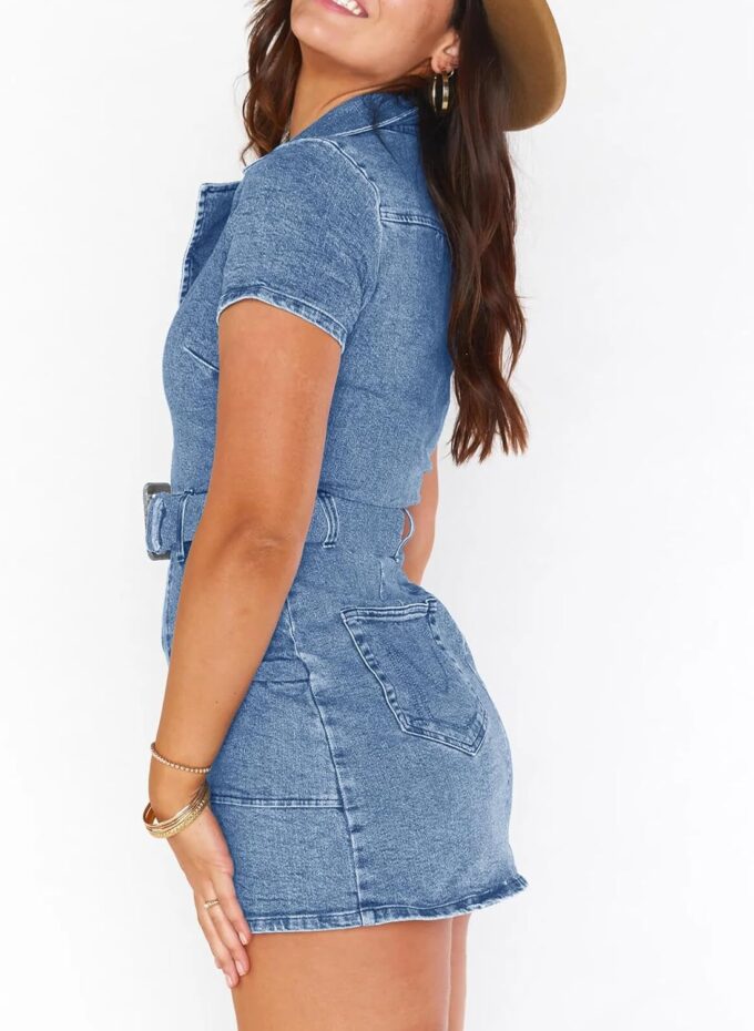 Wenrine Womens Summer Denim Dresses Bodycon Zipper Front Belted Sexy Mini Casual Dress with Pockets – Bild 4