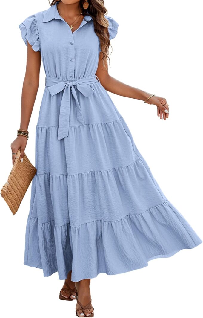 dowerme Women's Summer Casual Dresses 2025 Cap Ruffle Sleeve V Neck Button Belted Tiered Boho Maxi Dress with Pockets