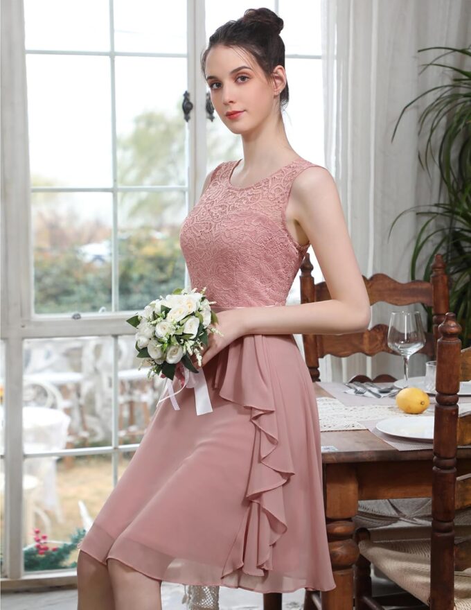 BeryLove Women's Cocktail Dresses Prom Wedding Guest Short Bridesmaid Dresses Ruffle Hem Sleeveless Lace Formal Dress – Bild 6