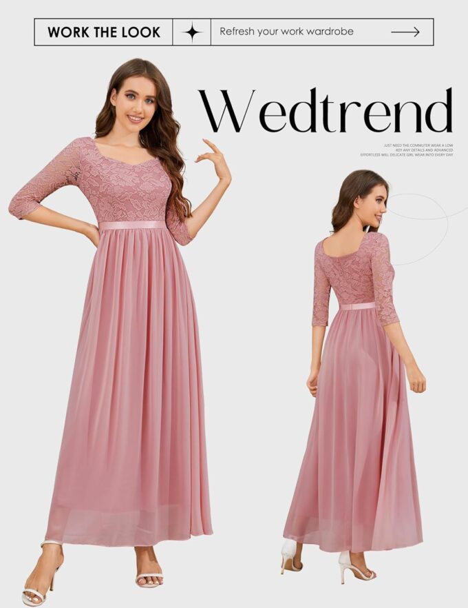Wedtrend Abendkleid Elegant für Hochzeit A Linie Cocktailkleid Damen Lang Chiffon Abschlusskleid V-Ausschnitt Spitzenkleid – Bild 2