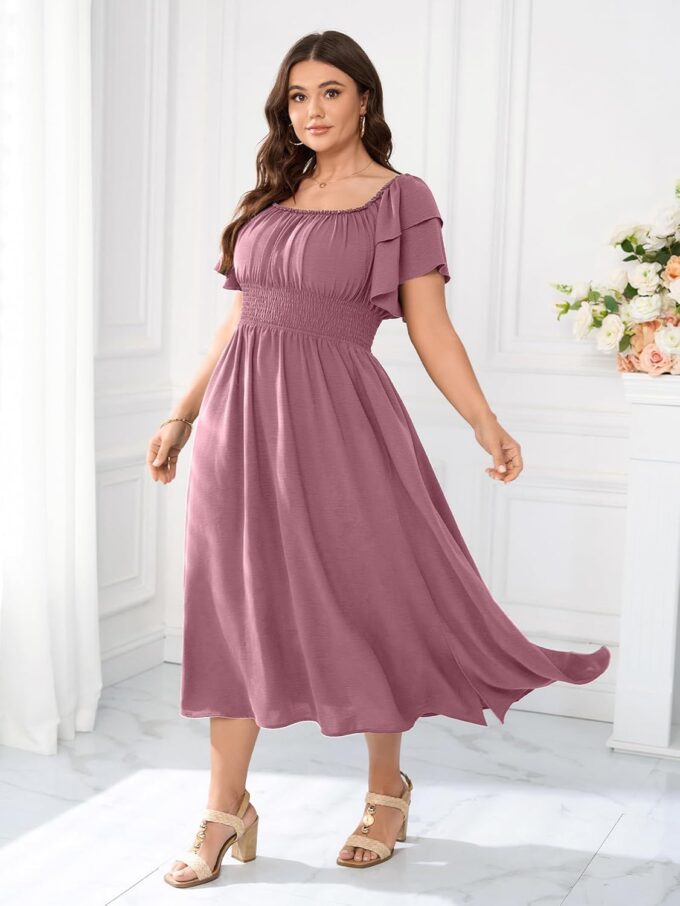 Plus Size Maxi Dress Off The Shoulder Ruffle Smocked Wedding Guest Cocktail Slit Hem Flowy Dresses for Curvy Women – Bild 4