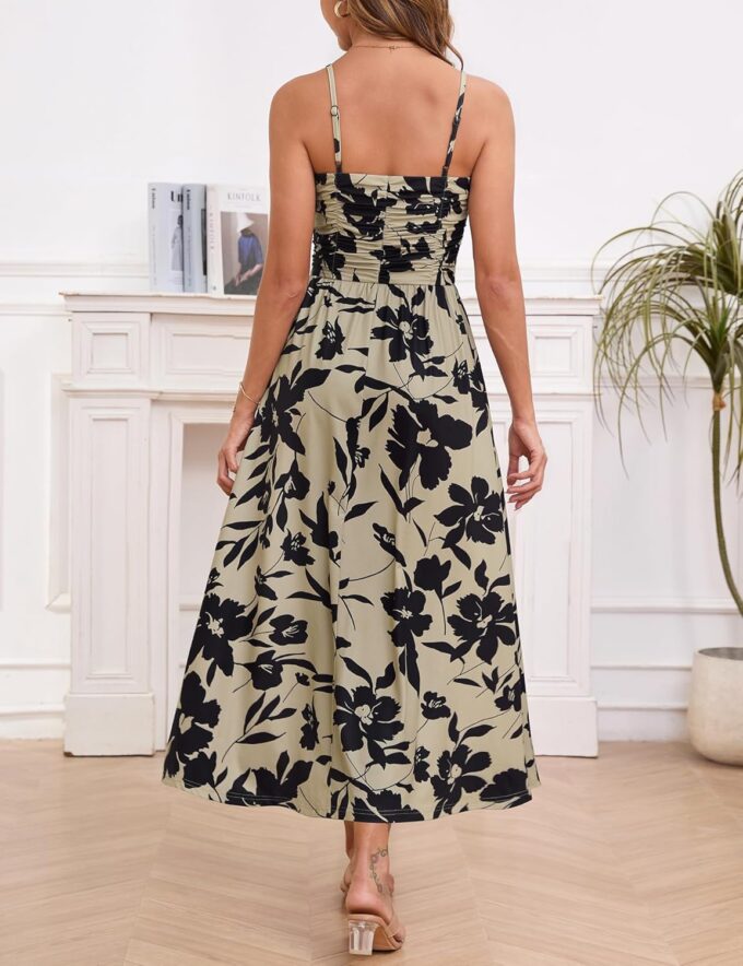 Annebouti Women 2025 Summer Spring Ruched Maxi Dress Adjustable Spaghetti Strap Floral Beach Long Sundress with Pockets – Bild 3