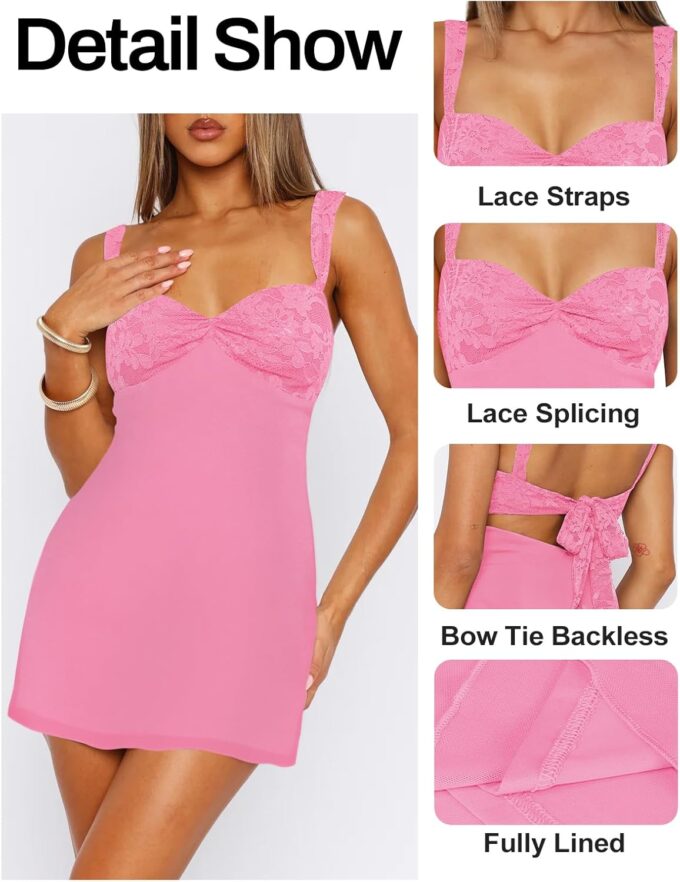 Women's Summer Mini Dresses Sleeveless Sexy Square Neck Lace Splicing Cocktail Party Straps Bodycon Dress – Bild 3