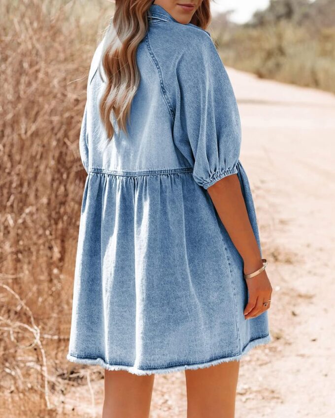 Pepochic Womens Summer Denim Dress Button Down Short Sleeve Babydoll Dress Puff Sleeve Flowy Jean Dress – Bild 2