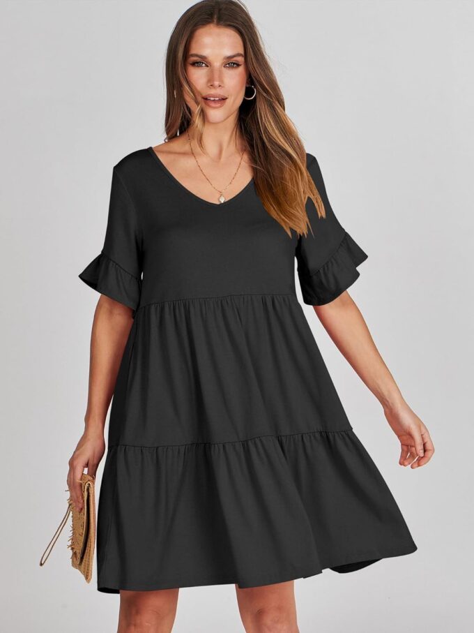 ANRABESS Dresses for Women Summer 2025 V Neck Ruffle Sleeve A Line Tiered Flowy Casual Trendy Mini Beach Dress with Pockets – Bild 2