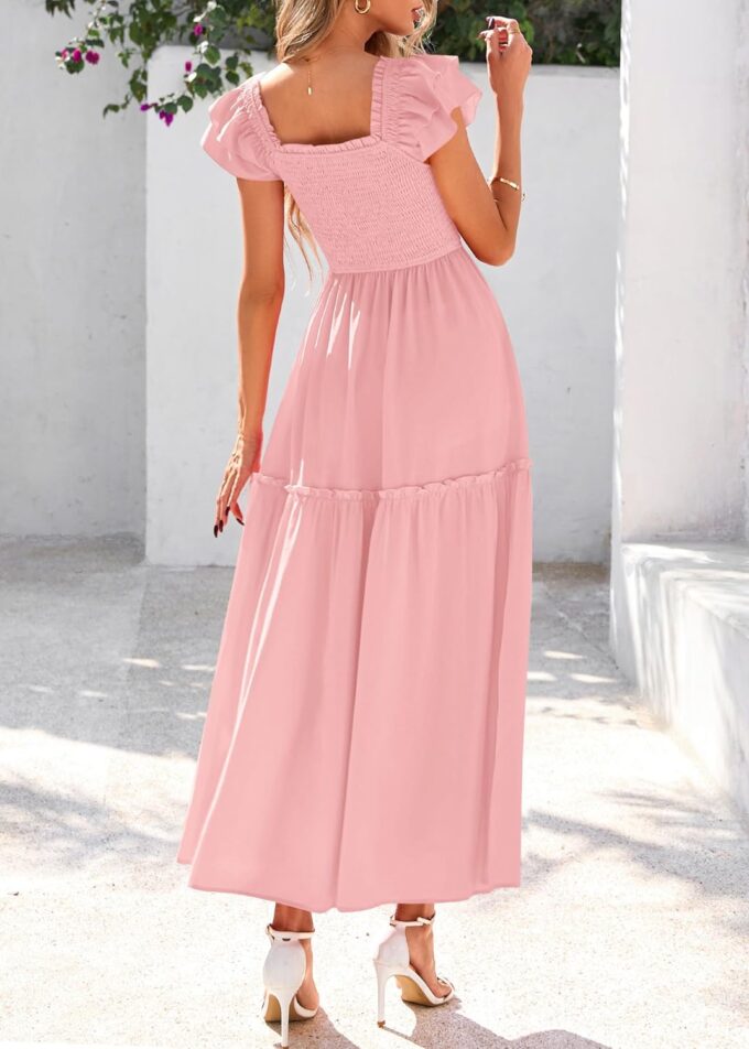 KIRUNDO Womens Summer Wedding Guest Dress 2025 Smocked Ruffle Flutter Short Sleeve Square Neck Flowy Tiered Midi Sundress – Bild 2