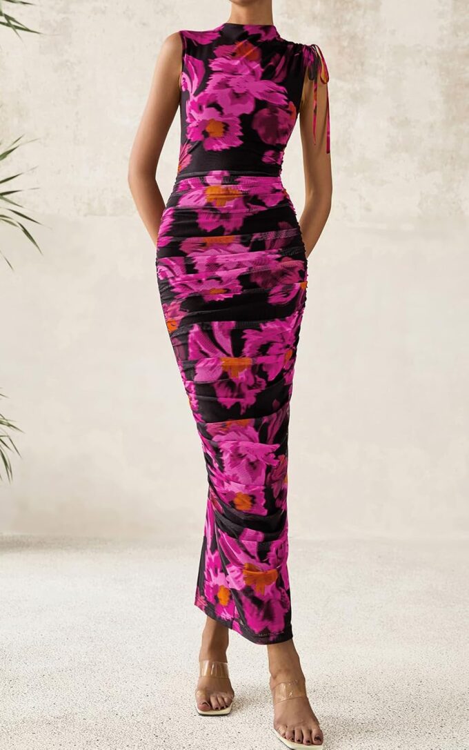 PRETTYGARDEN Women's Summer Maxi Floral Dresses Ruched Bodycon Sleeveless Mesh Formal Wedding Guest Cocktail Split Long Dress – Bild 3