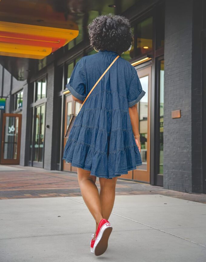 Womens Denim Babydoll Dresses Button Down Tiered Jean Dress – Bild 6