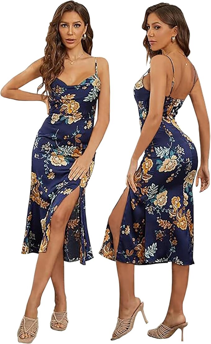 Tsher Women's Sleeveless Spaghetti Strap Satin Wedding Guest Party Dress Cowl Neck Backless Midi Formal Dresses
