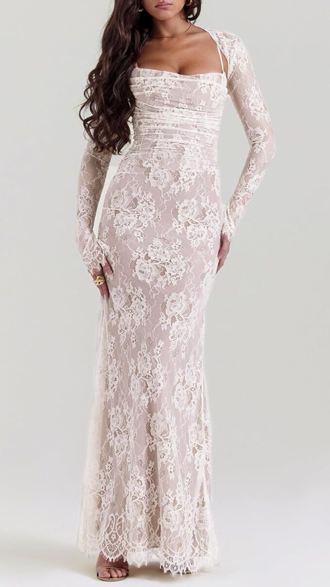 Women Vintage Cream Lace Maxi Dress Romantic Long Sleevees Lace Bodycon Dress – Bild 4
