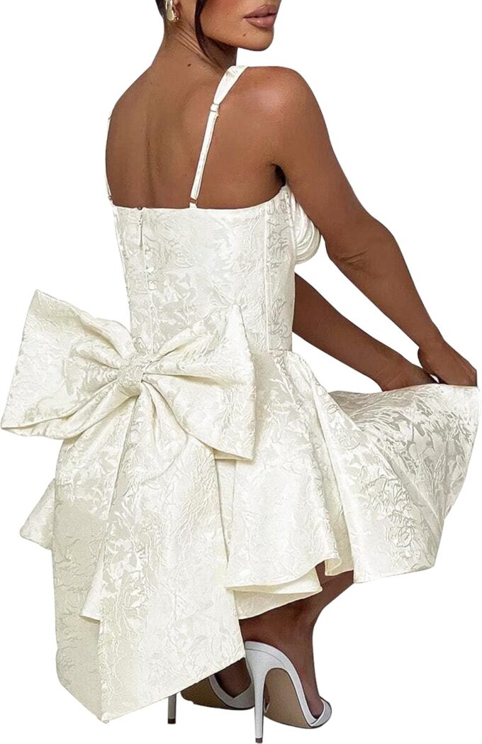 LuFeng Womens Sweetheart Neckline Satin A-line Spaghetti Straps Jacquard Mini Dress Bow Sleeveless Cocktail Prom Dress – Bild 5