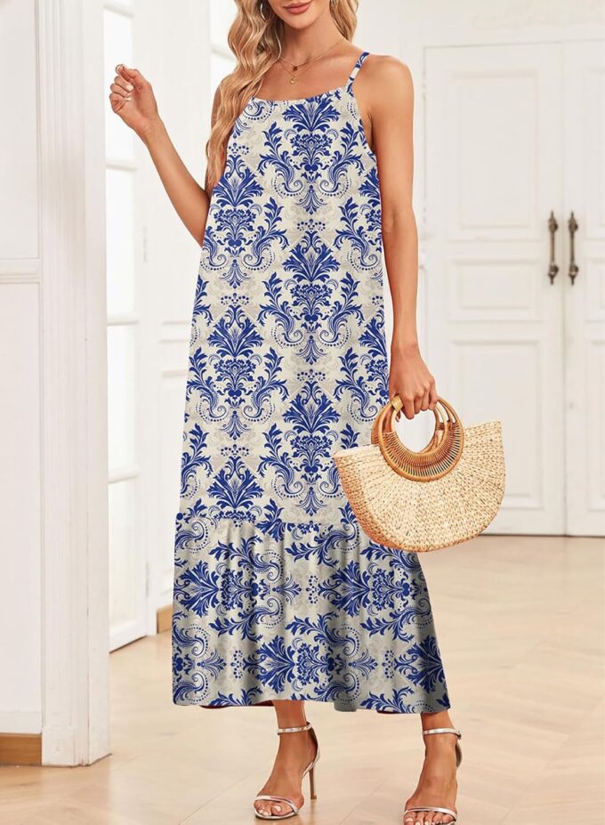 Dokotoo Women Summer Dresses 2025 Spaghetti Strap Scoop Neck Smocked Ruffle Flowy Boho Maxi Dress – Bild 3
