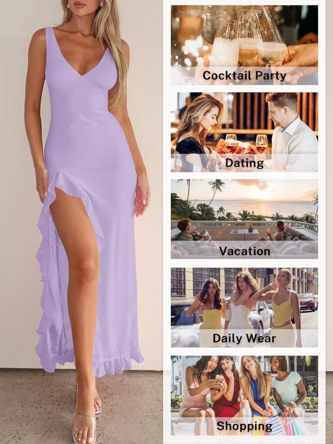 Women Sexy V Neck Sleeveless Mesh Ruffle Hem Bodycon Maxi Dress Backless High Slit Cocktail Party Club Dress – Bild 4