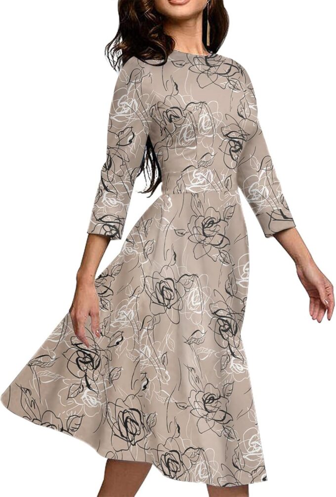 Simple Flavor Women's Floral Vintage Dress Elegant Midi Evening Dress 3/4 Sleeves – Bild 2