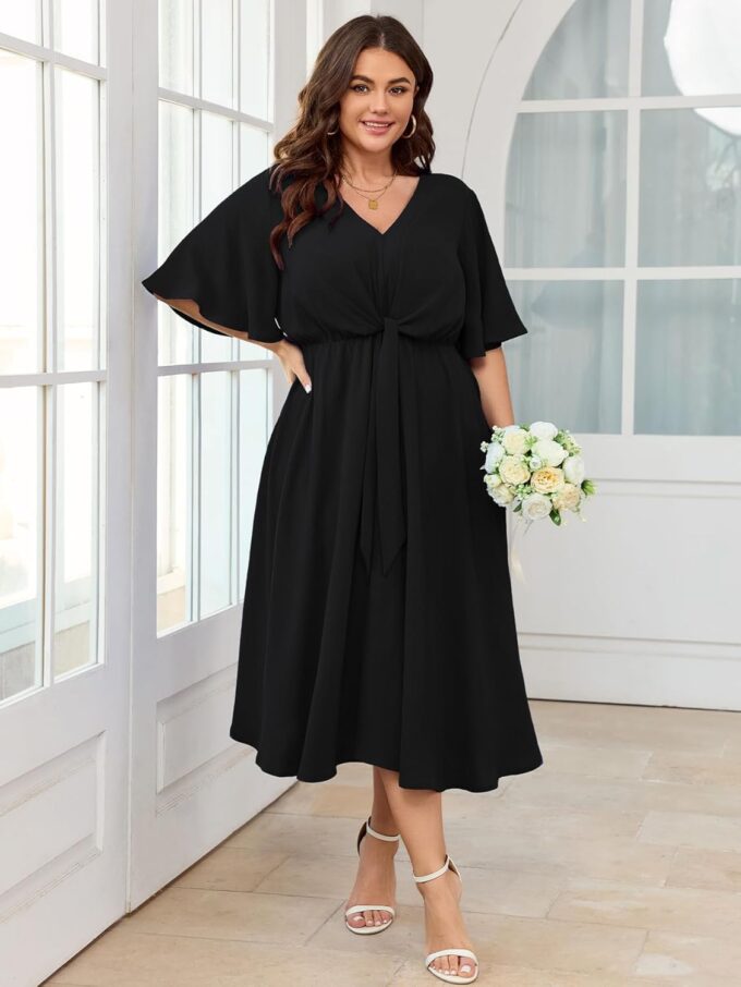 SCOMCHIC Women Plus Size Midi Dresses Wedding Guest Short Sleeve V Neck Tie Waist Casual Summer Flowy A Line Dress – Bild 2