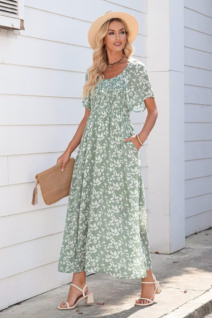 Dokotoo Womens Dresses 2025 Square Neck Tie Backless Summer Dresses Cap Sleeve Floral Buttoned Empire Waist Maxi Dress – Bild 3