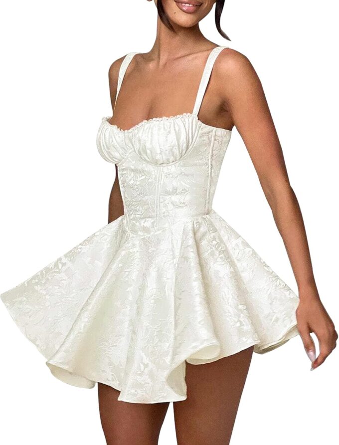 LuFeng Womens Sweetheart Neckline Satin A-line Spaghetti Straps Jacquard Mini Dress Bow Sleeveless Cocktail Prom Dress – Bild 3