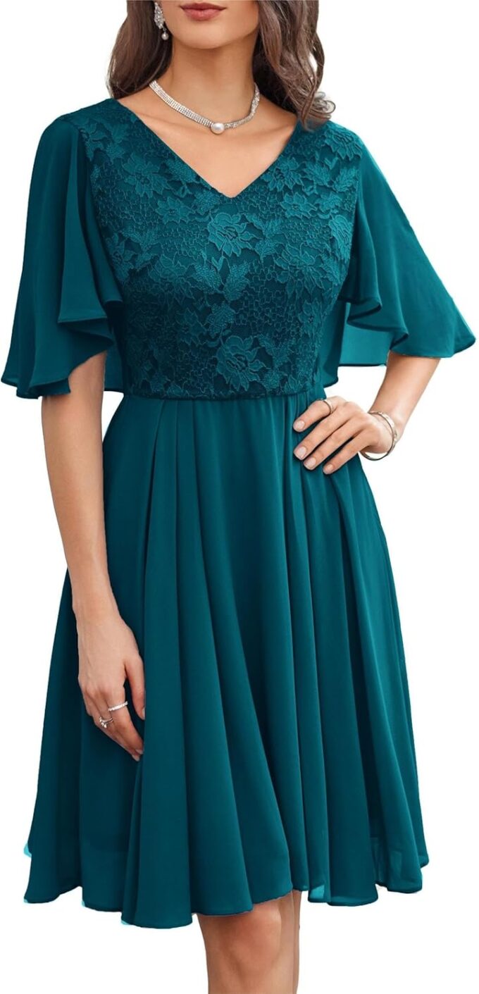 GRACE KARIN Damen Elegant Cocktailkleid V-Ausschnitt Spitzenkleid Chiffon Knielang A-Line Abendkleid Party