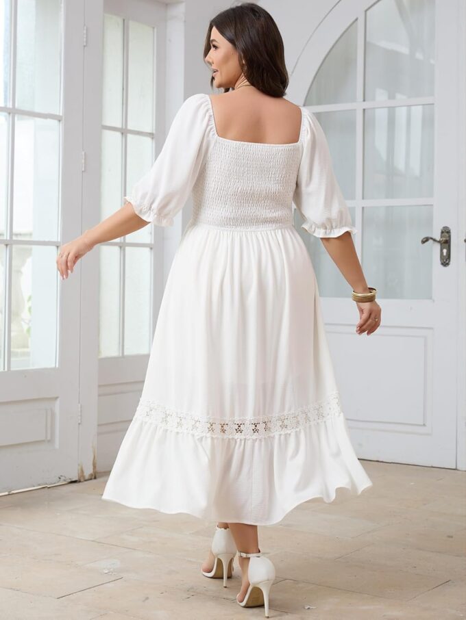 SCOMCHIC Women's Plus Size Maxi Dress Short Sleeve Square Neck Smocked Flowy A-Line Lace Trim Boho Wedding Guest Dresses – Bild 6