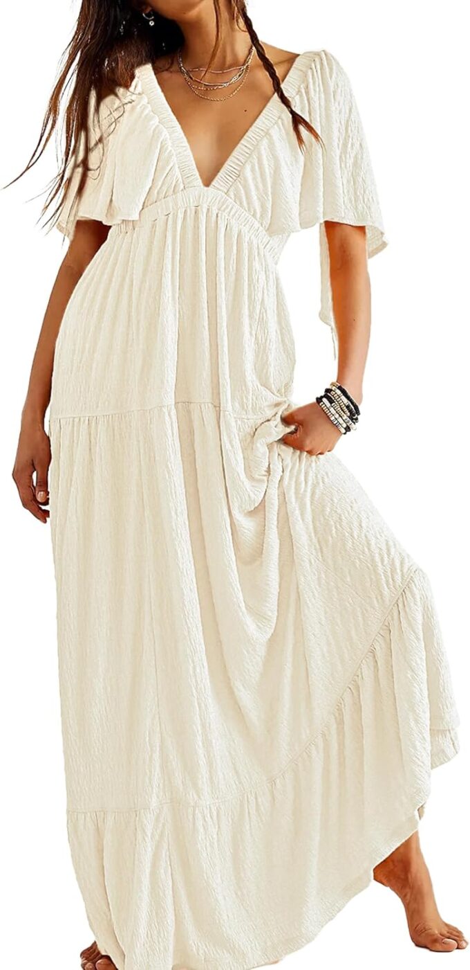 Women Summer Dresses Sexy V-Neck Maxi Dress Tiered Silhouette with Flutter Sleeve Backless Elastic Waist Flowy Dress