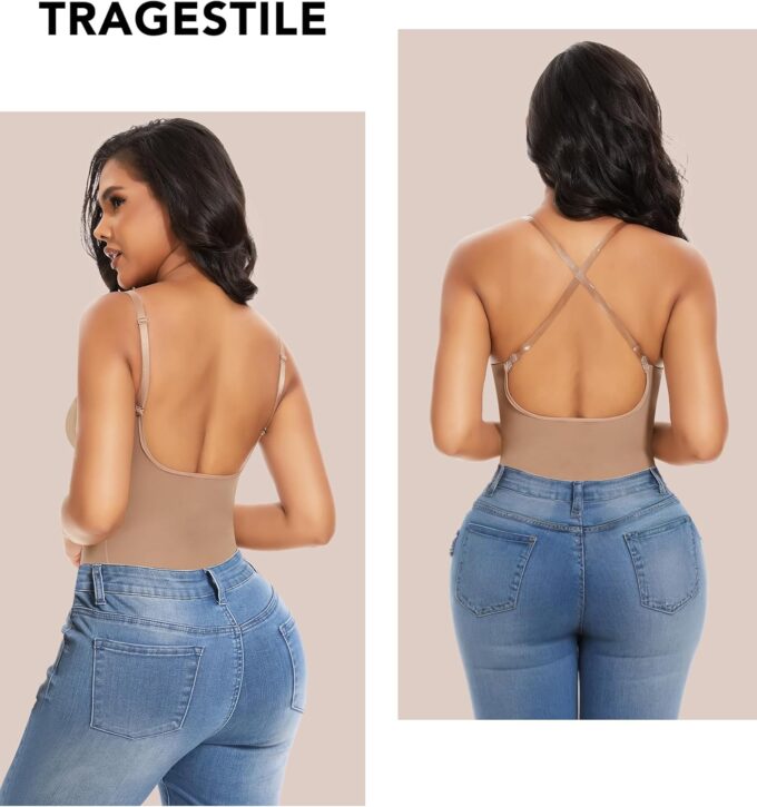 SHAPERIN Rückenfrei Formende Bodysuit Damen Shapewear Bauchweg Body mit Push Up BH Body Shaper Tiefer U Ausschnitt – Bild 2