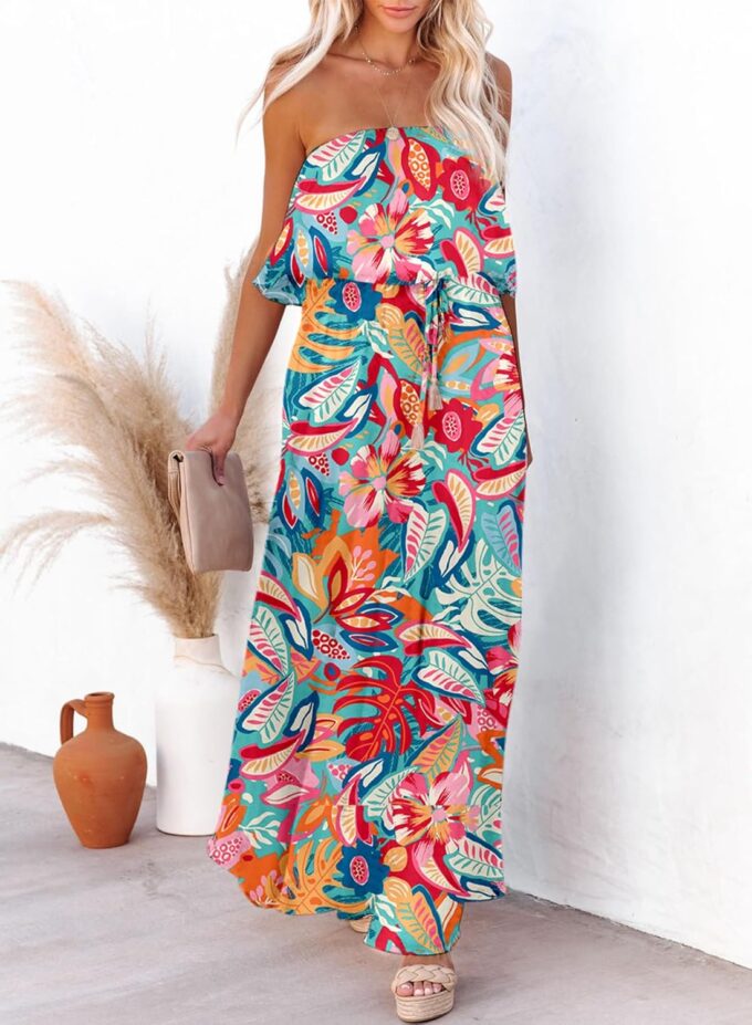 Dokotoo Womens Strapless Dresses Casual Summer High Waist Side Split Flowy Boho Maxi Dress – Bild 4