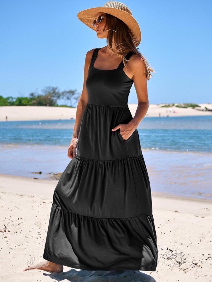 ANRABESS Women's Summer Casual Long Maxi Beach Vacation Dresses Sleeveless Square Neck Flowy Tiered Sun Dress with Pockets – Bild 7
