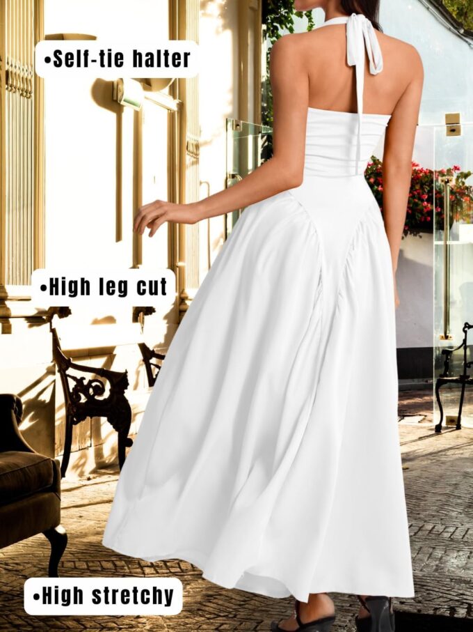 Deep V Neck Dress, Halter Maxi Dresses, Vacation Date Night, Sexy for Women Corset Flowy Wedding Guest Drop Waist – Bild 3