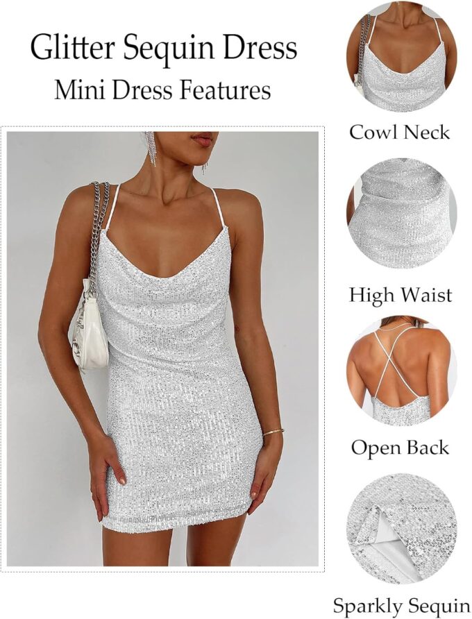 Women's Sequin Sparkly Glitter Dress Sexy Sleeveless Backless Spaghetti Strap Party Club Bodycon Mini Dress – Bild 3
