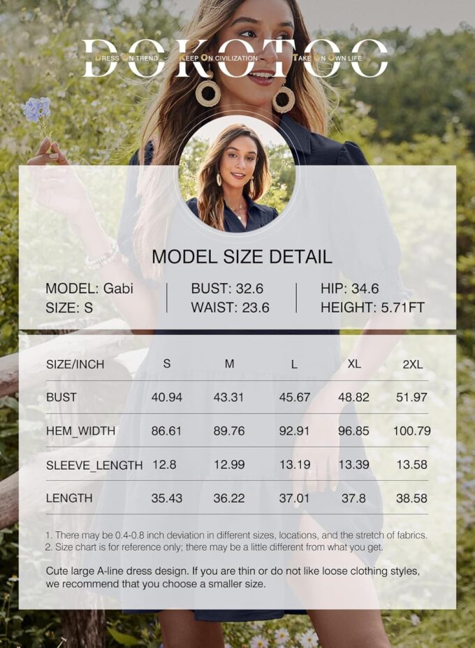 Dokotoo Casual Dresses for Women Lapel Collared V Neck Mid Sleeved Pleated Summer Dresses for Women 2025 Midi Dresses – Bild 6
