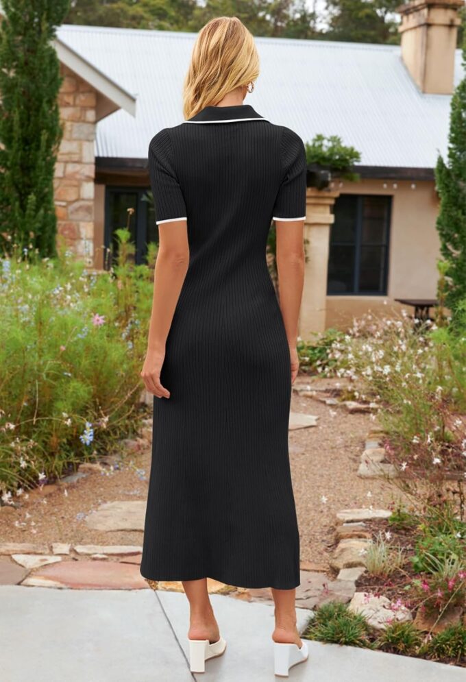 MEROKEETY Women's V Neck Ribbed Knit Maxi Dress Button Short Sleeve Slim Fit Bodycon Sweater Dress – Bild 4