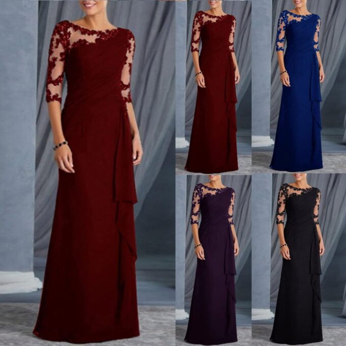 Abendkleid Damen Lang Elegant Spitze Cocktailkleid Einfarbige Maxikleid Rundhals Mittelarm Hochzeitskleid Reißverschluss Brautkleid Brautjungfern Kleid Slim Fit Abiballkleid Partykleid – Bild 2