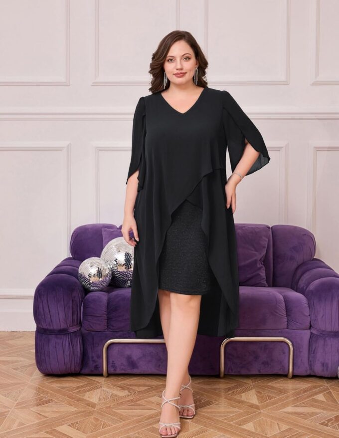 Hanna Nikole Womens Plus Size Chiffon Cocktail Dress Ruffle 3/4 Sleeve Wedding Guest Party Dresses with High Low Hem – Bild 7
