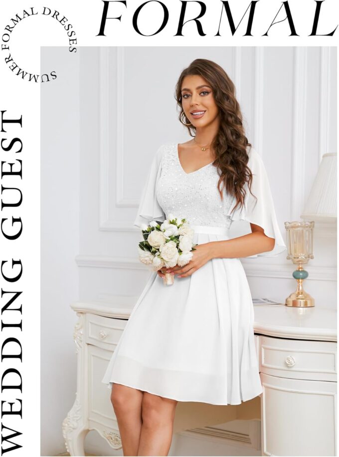 Dressystar Damen Elegant Cocktailkleid V-Ausschnitt Spitzenkleid mit Pailletten Knielang Abendkleider Hochzeit – Bild 7