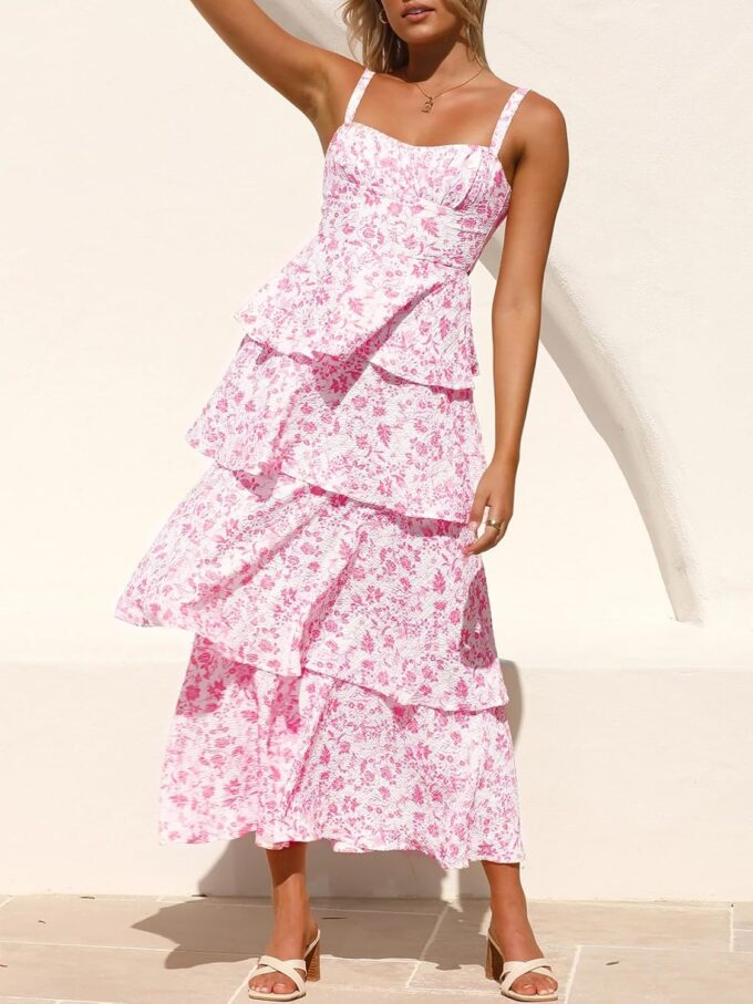Fisoew Womens Floral Maxi Dresses Spaghetti Strap Casual Sleeveless Ruffle Flowy Tiered Dress – Bild 3