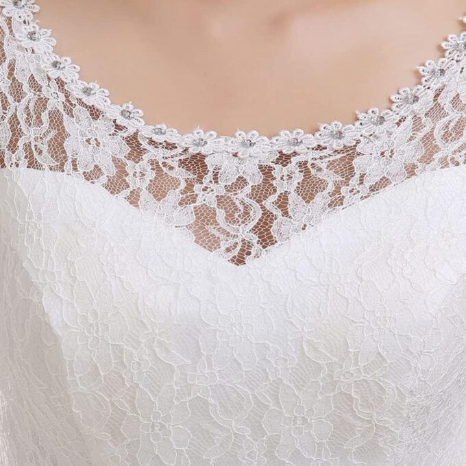 Brautkleid A-Linie Spitzen Hochzeitskleid Damen Maxi Kleider Lang Abendkleid Runde Ausschnitt Kurzarm Brautkleider – Bild 4