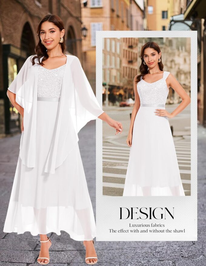 Berylove Damen Abendkleid Lang mit Stola Pailletten Kleid Cocktailkleid Elegant für Hochzeit Festliches Kleid – Bild 5