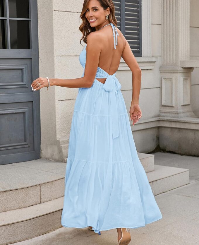 GLNEGE Summer Maxi Beach Dress Boho Halter V Neck Backless Bow Dresses Flowy Trendy Ruffle Sundress for Women 2025 – Bild 3