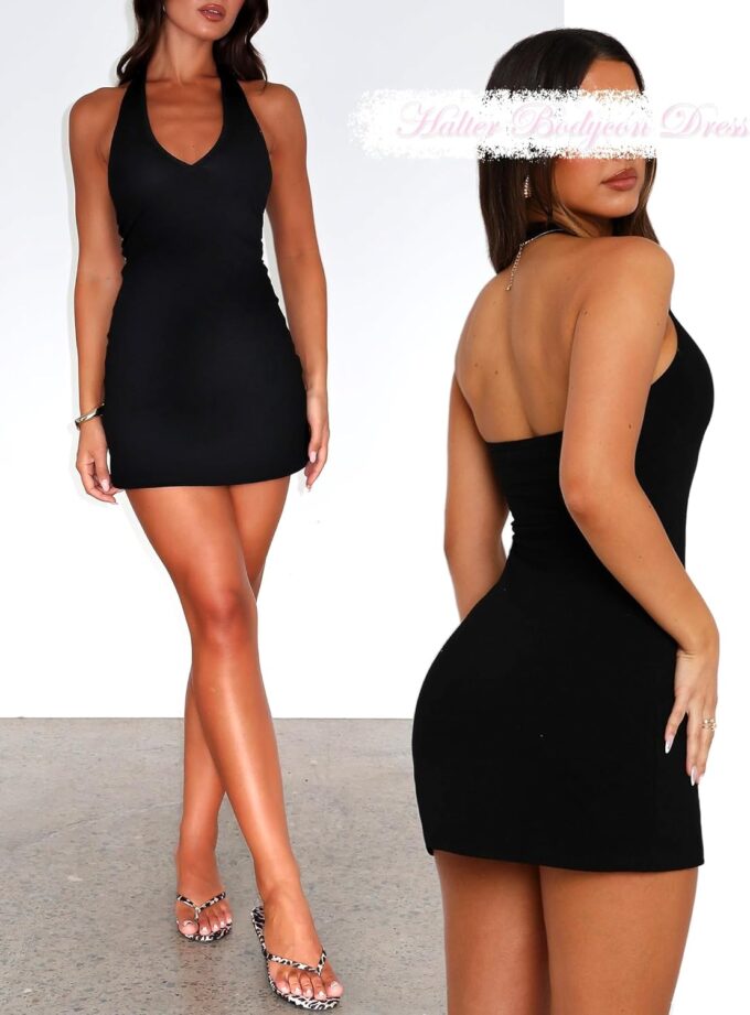 Bodycon Halter Mini Dresses for Women Going Out Club Dress Backless V Neck Summer Short Dress Cocktail Party Dresses – Bild 7