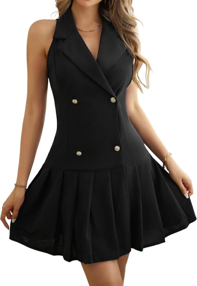 Damen 2-teiliges Outfit Zweireihige Revers Weste und hohe Taille Plissee Minirock Sets