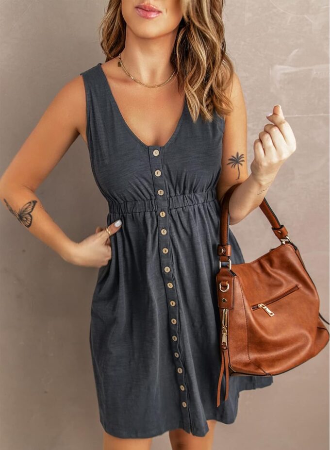 Acelitt Women Summer Casual Sleeveless Button Down Elastic Waist Swing Dresses, XS-2XL – Bild 3