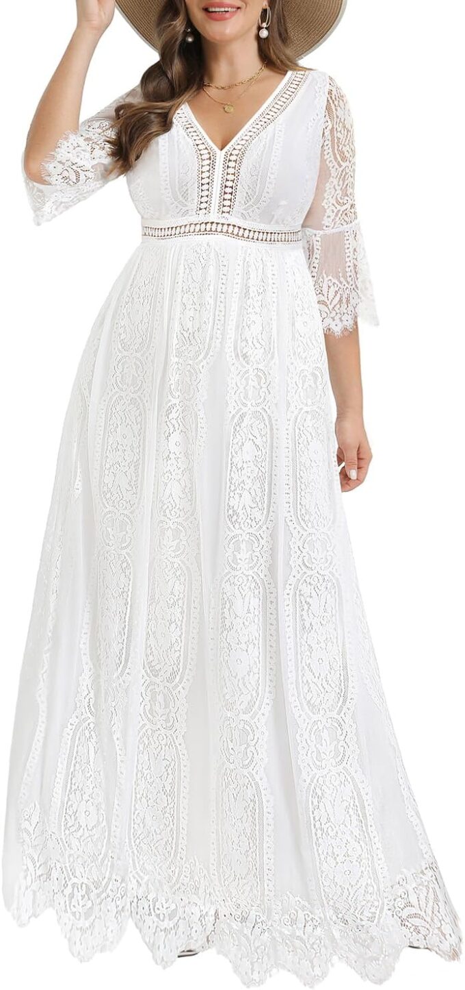 Pinup Fashion Damen Plus Size Boho Maxi Floral Lace Bohemian Brautkleid V Ausschnitt Flowy Lange Partykleider