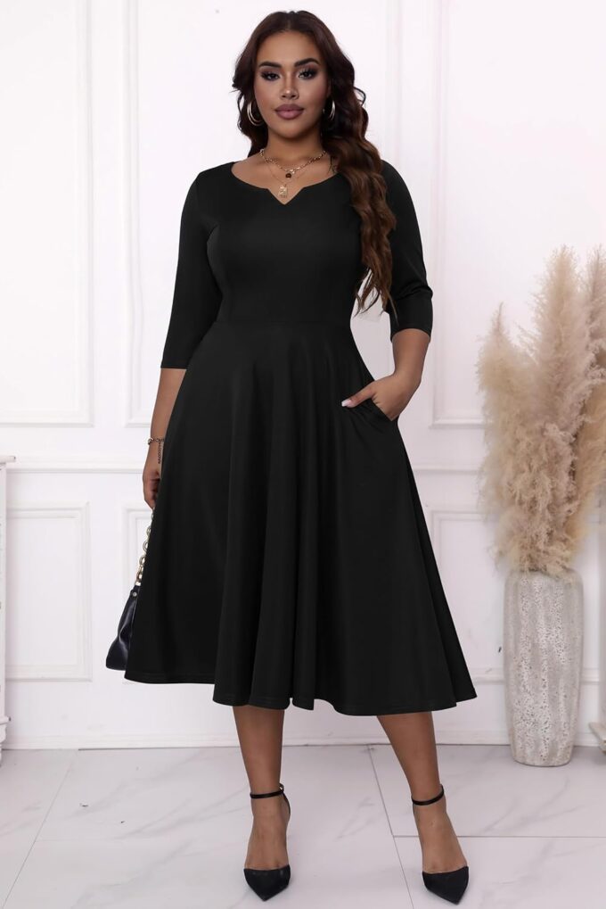 Runwind Plus Size Dresses Women Fit and Flare A-Line Swing Dress 3/4 Sleeve Midi Church Wedding Guest Cocktail Party Dresses – Bild 2