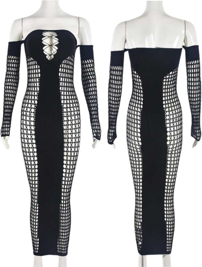 Stunning Hollow Out Long Sleeve Bodycon Maxi Dress for Women, Sexy Elegant Mesh Sheer Party Dress for Club – Bild 5