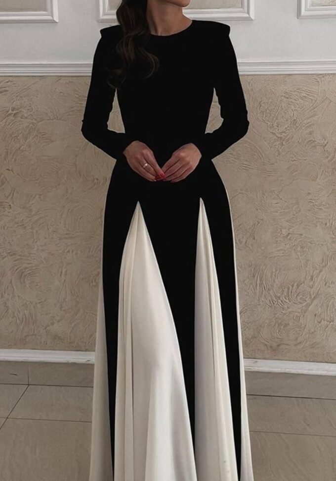 Wedding Guest Dresses for Women Elegant Long Sleeve Patchwork Pleated Swing Long Dress Formal Maxi Dress – Bild 2