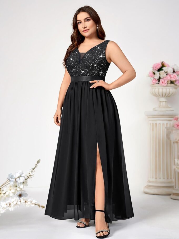 Knitee Women's Plus Size Sequin Lace Deep V-Neck Sleeveless Slit Formal Evening Maxi Dresses – Bild 4