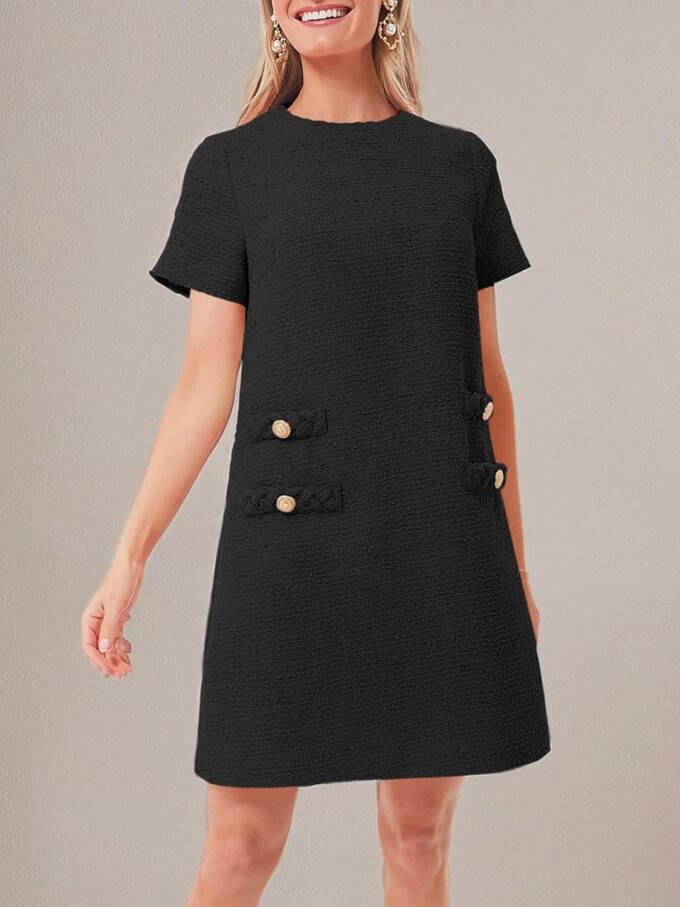 Wenrine Damen-Minikleid aus Tweed, kurzärmelig, Rundhalsausschnitt, Arbeit, Büro, formell, Sommer, A-Linie – Bild 7