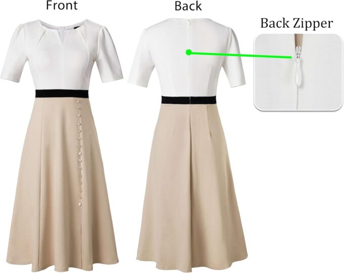 VFSHOW Damen-Midikleid mit plissierten Nackentaschen Knöpfen Arbeit Büro Business A-Linie – Bild 5